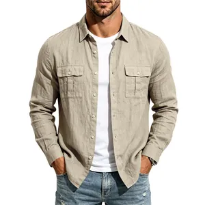 Close-up of men's breathable khaki linen long sleeve shirt with double chest pockets