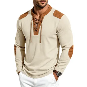 Detailed view of the medieval drawstring design on a cream waffle-knit Henley t-shirt