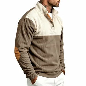 Men's corduroy quarter-button sweatshirt with color block design and elbow patches