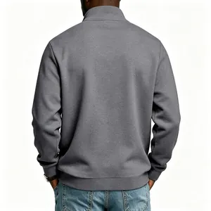 Detailed back view of men's grey half-zip fleece sweatshirt featuring ribbed hem and cuffs