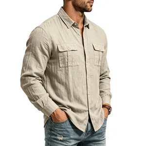 Casual men's linen-blend long-sleeve shirt featuring functional double chest pockets