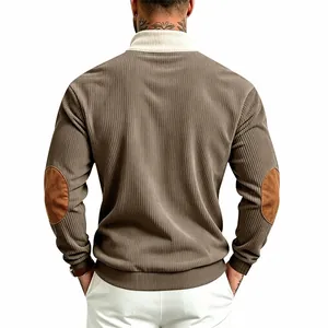 Back view of men's corduroy sweatshirt with stand collar and brown elbow patches.