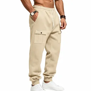 Casual men's fleece cargo joggers in khaki featuring drawstring waist and snap pockets