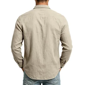 Detailed back view of a men's breathable khaki linen long-sleeve casual shirt