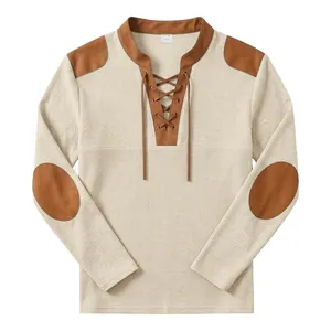 Detail view of men's waffle-knit shirt with drawstring neck and elbow patches