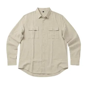 Detailed view of a men's breathable beige linen long-sleeve shirt with double pockets.