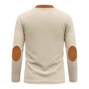 Back view of a men's waffle knit shirt in beige with contrasting brown elbow patches