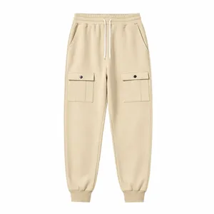Detail of khaki men's fleece-lined cargo sweatpants with drawstring waist and snap pockets