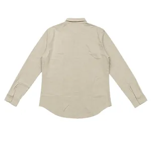 Detailed back view of a breathable beige linen long-sleeved casual workwear shirt for men