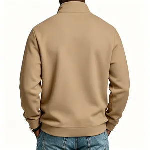 Detailed back view of a khaki men's half-zip stand-collar sweatshirt with ribbed hem