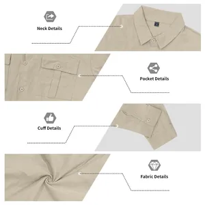 Detail view of men's breathable linen long sleeve shirt neck, pocket, cuff and fabric.