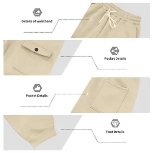 Detailed view of men's fleece cargo joggers showing waistband, pockets, and ribbed cuffs.