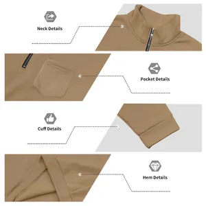 Detailed views of men's fleece-lined half-zip sweatshirt neck, pocket, and cuffs