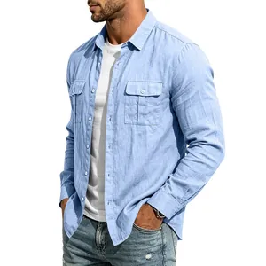 Side-front view of light blue linen shirt featuring functional double chest pockets