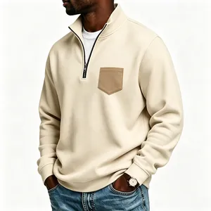 Casual men's cream half-zip stand collar fleece sweatshirt with brown contrast pocket
