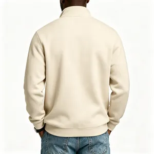 Back view of a beige half-zip stand collar fleece sweatshirt for men in casual style