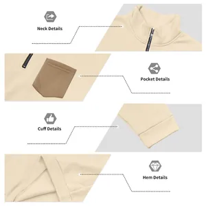 Close-up of men's beige half-zip sweatshirt showing neck, pocket, cuff, and hem details