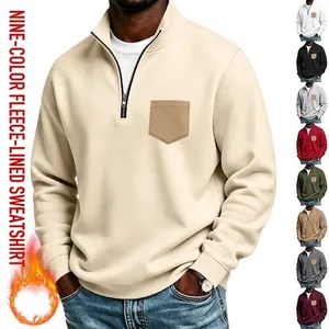Men Quarter-Zip Stand Collar Fleece Sweatshirt Loose Casual Warm Long Sleeve Pullover With Contrast Patch Pocket Fashion Outerwear