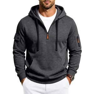 Felpa pesante con cappuccio in pile grigio da uomo con tasche multiple stile cargo