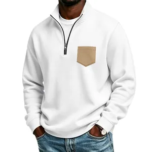 White men's fleece-lined half-zip sweatshirt with tan chest pocket and standing collar