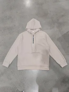 Premium men's waffle knit hoodie featuring half-zip design and kangaroo pocket in beige