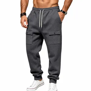 Men's dark grey fleece cargo jogger sweatpants with drawstring waist and large pockets