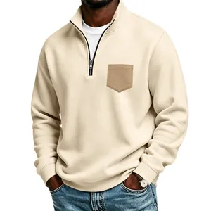 Men's cream fleece half-zip sweatshirt with stand collar and tan pocket for casual wear