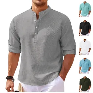 Men's Waffle Knit Long Sleeve Henley Shirt Casual Solid Color Button Down Polo T-Shirt Loose Fit Breathable Spring Autumn Top