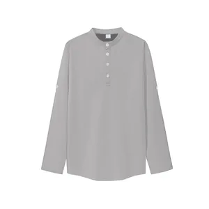 Men's casual gray waffle knit long sleeve Henley shirt with stylish button collar