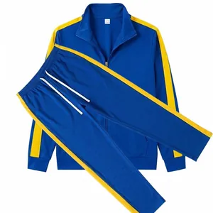Close-up of blue men's tracksuit set with contrasting yellow side stripe details
