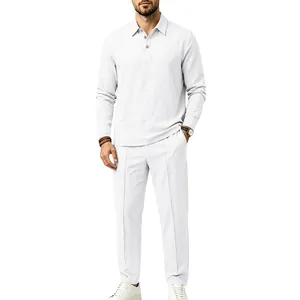 Full view of men's white cotton linen two-piece set featuring long sleeves and trousers
