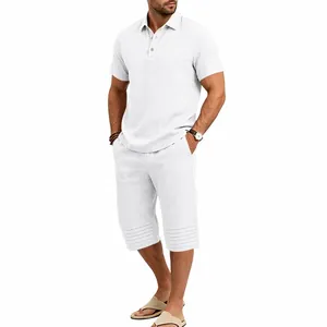 Full view of white cotton linen men's polo shirt and cropped drawstring pants set