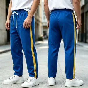 Premium men's blue straight-leg sweatpants with yellow side stripes and drawstring