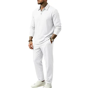 Full-body view of men's white linen set featuring long sleeves and straight trousers.