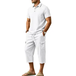 Men's white cotton linen polo shirt and cropped cargo pants two-piece leisure set