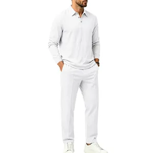 Detailed view of men's white cotton linen casual set with long-sleeved polo and trousers