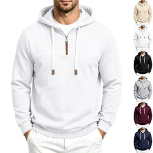 Felpa da Uomo Casual con Cappuccio e Mezza Zip Tinta Unita Manica Lunga Pullover Hoodie Stile Europeo Foderato in Pile