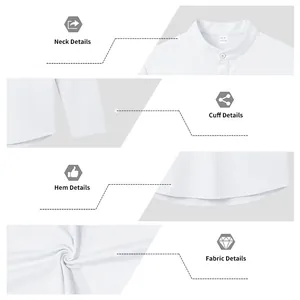 Vistas detalladas de la camisa Henley blanca: cuello, puños, dobladillo y textura de tela