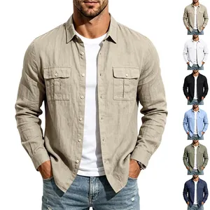 Men Casual Linen Blend Long Sleeve Shirt Breathable Double Pocket Workwear Button Up Turn Down Collar Vintage Style Men Top