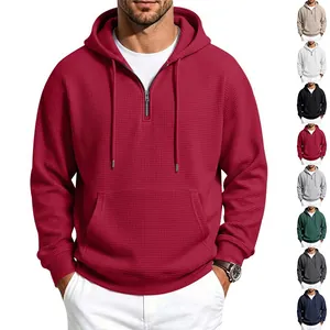 Men's Waffle Knit Hoodie Casual Half Zip Sweatshirt Loose Long Sleeve Hooded Pullover With Kangaroo Pocket For Men