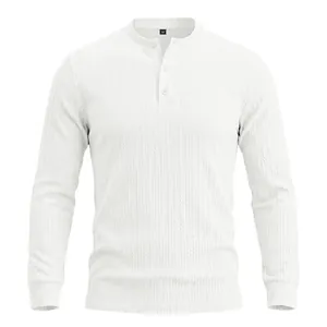 Detailed view of white men's long sleeve Henley shirt with vertical cable knit texture