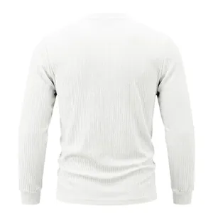 Back view of men's white long sleeve shirt showing vertical textured cable knit pattern
