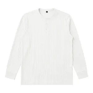 Close-up of white vertical ribbed texture on men's Henley long sleeve shirt