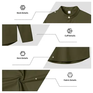 Vistas detalladas del cuello, puño, dobladillo y tejido de camisa Henley verde oliva
