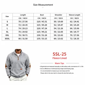 Detailed size chart and measurement guide for the men's half-zip grid sweatshirt.