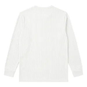 Detailed back view of a men's white long-sleeved T-shirt featuring vertical ribbed texture.