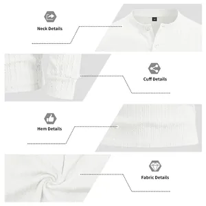 Detailed macro views of white vertical stripe textured Henley long sleeve shirt for men