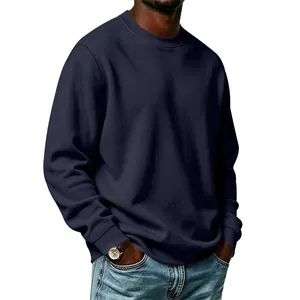 Detailed close-up of a navy blue crewneck sweatshirt showing high-quality fabric texture.