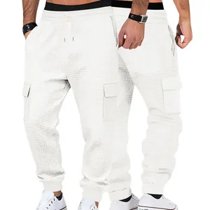 Men Waffle Knit Cargo Joggers Elastic Drawstring Waist Multi Pocket Casual Sports Pants Polyester Tapered Bottoms