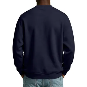Full back view of a men's navy blue crewneck fleece sweatshirt with ribbed cuffs